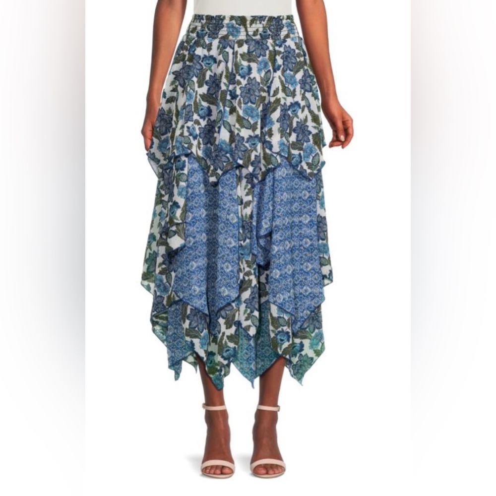 MISA- Zoe Floral Asymmetric Tiered Midi Skirt- Sz M- NWT